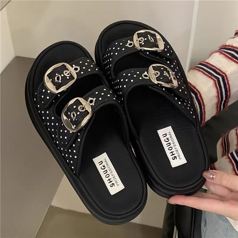 Double Buckle Chunky Slide Sandals