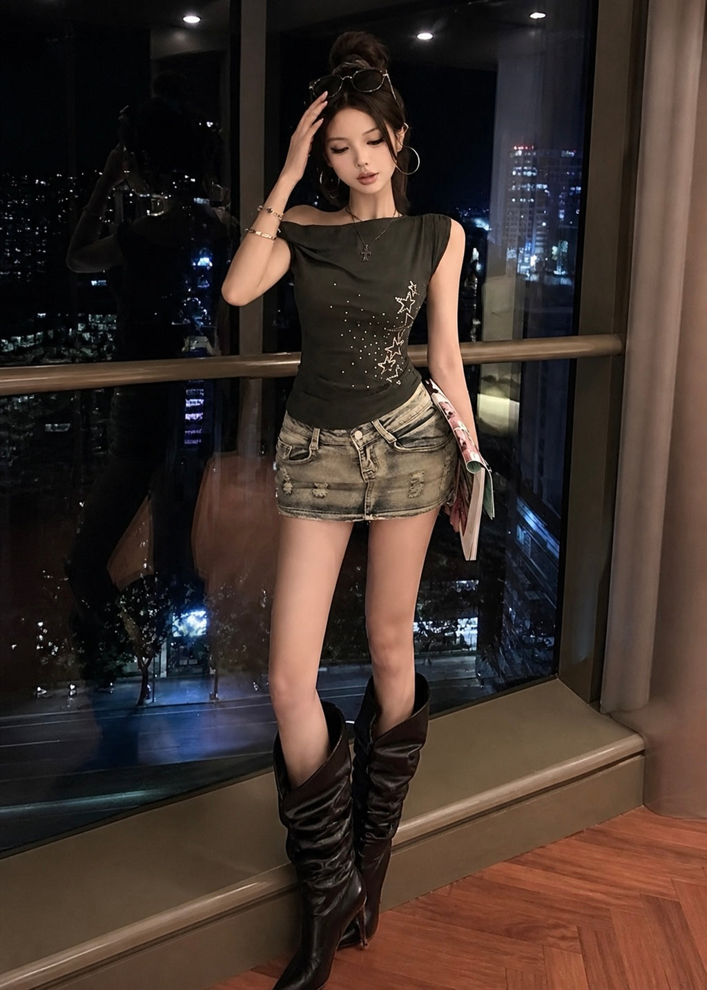 Asymmetrical Off-Shoulder Fitted Tシャツ