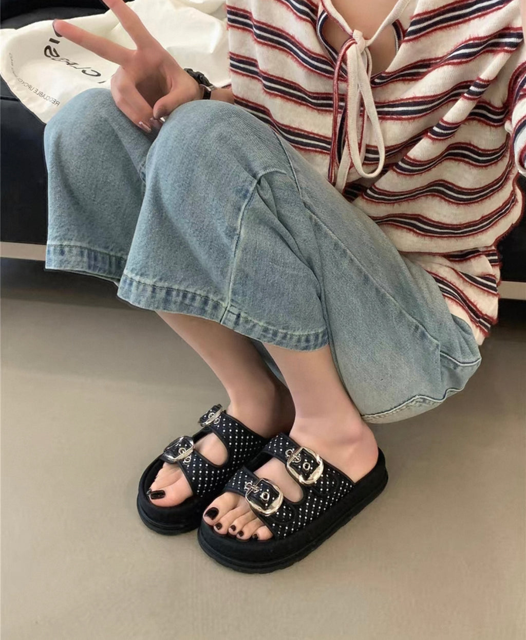 Double Buckle Chunky Slide Sandals