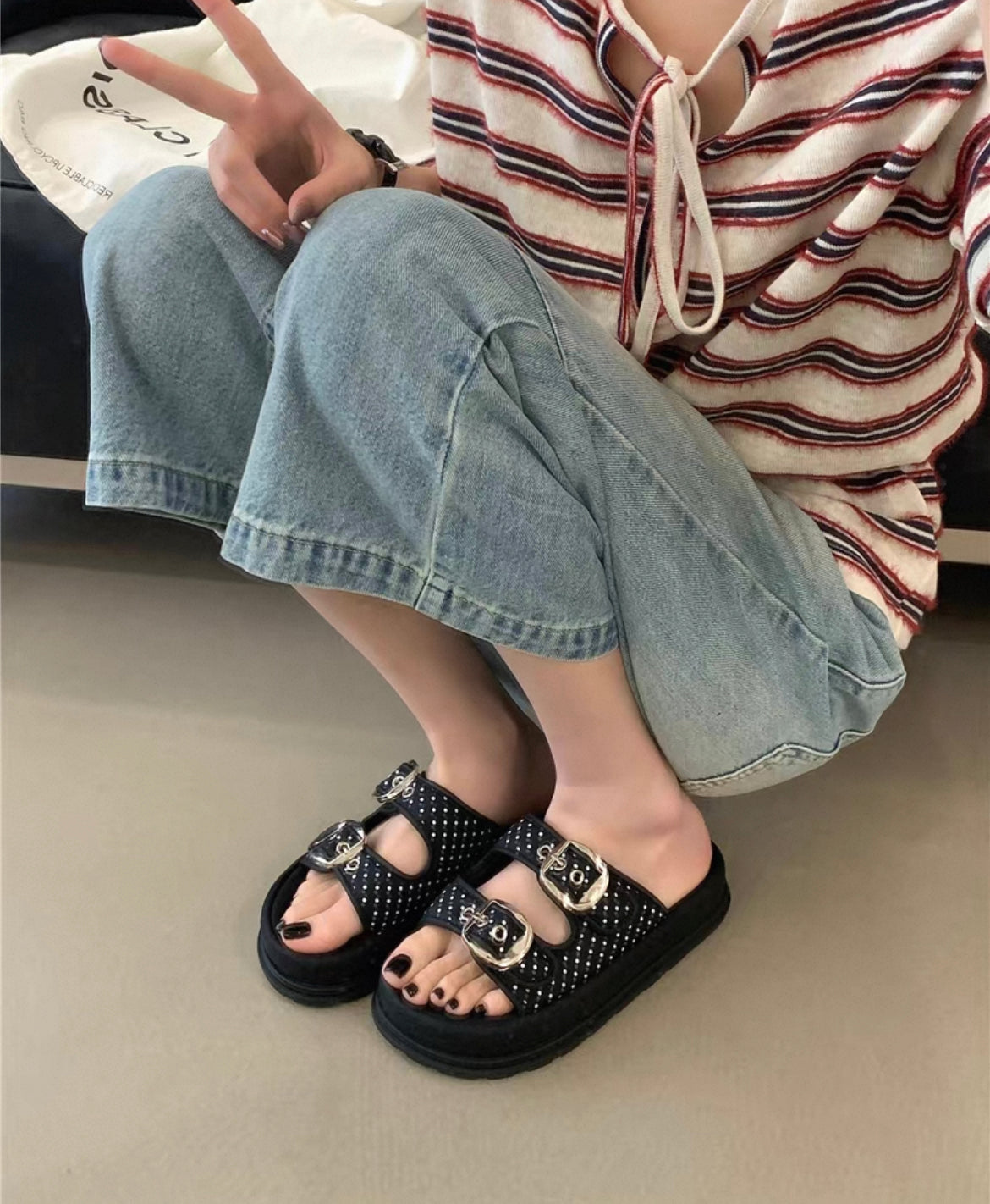 Double Buckle Chunky Slide Sandals