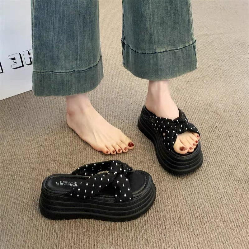 Polka Ribbon Platform Sandals +7cm