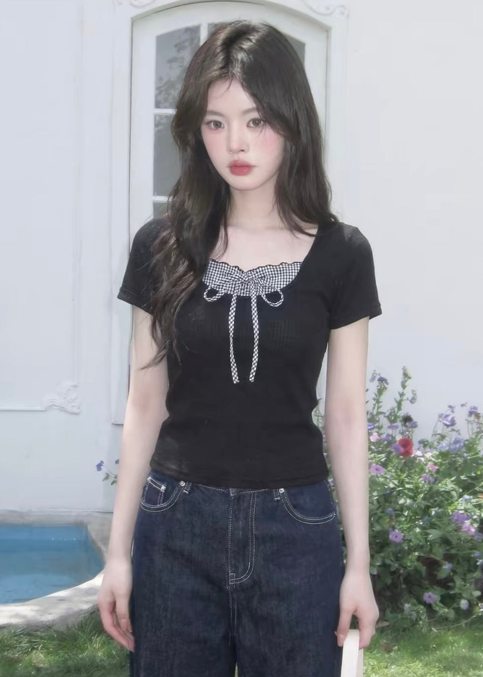 Gingham Ribbon Slim Top