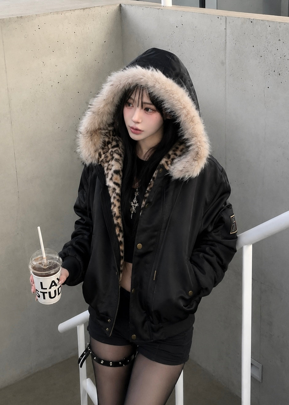 Leopard Fur Hood Jacket
