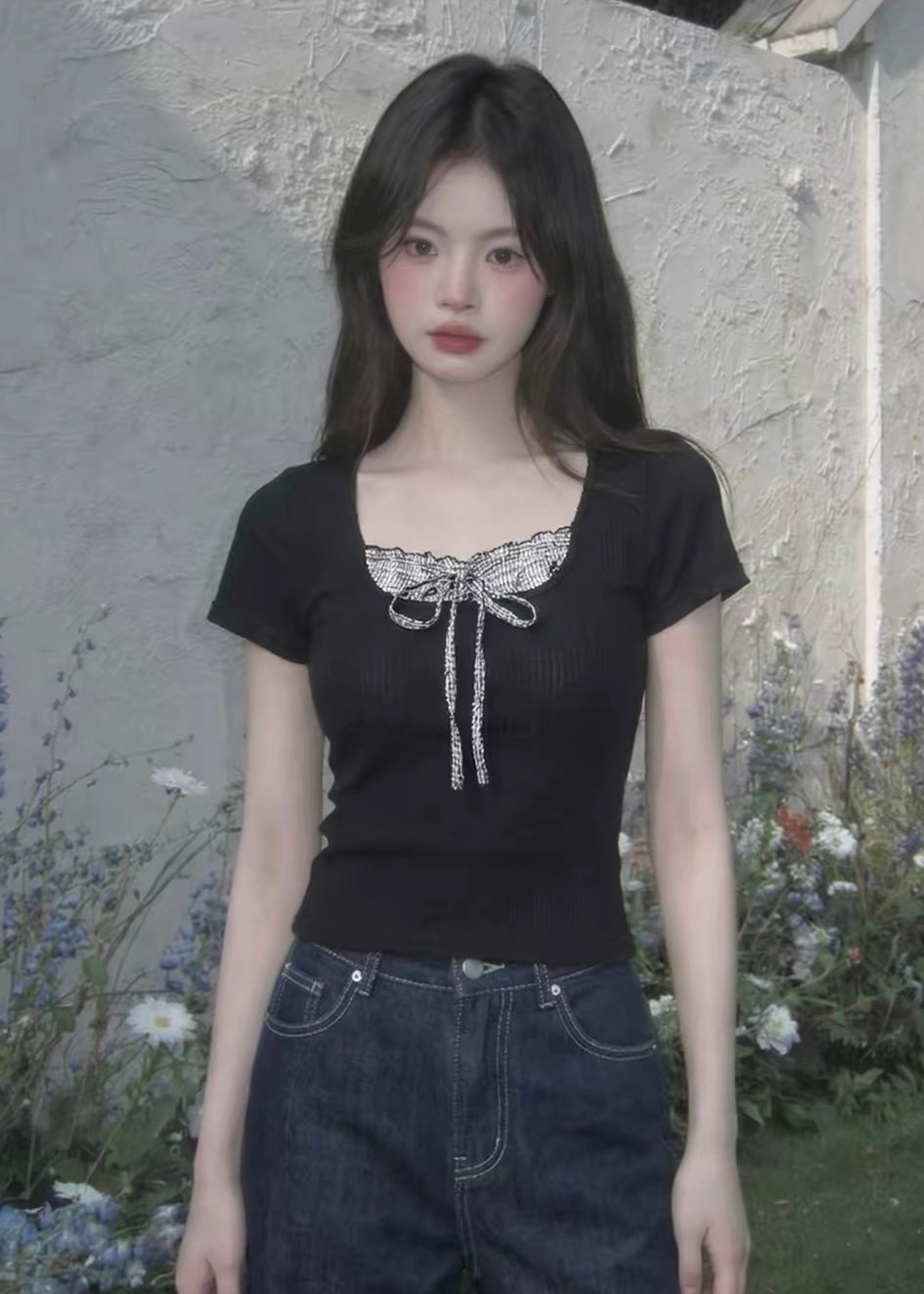 Gingham Ribbon Slim Top