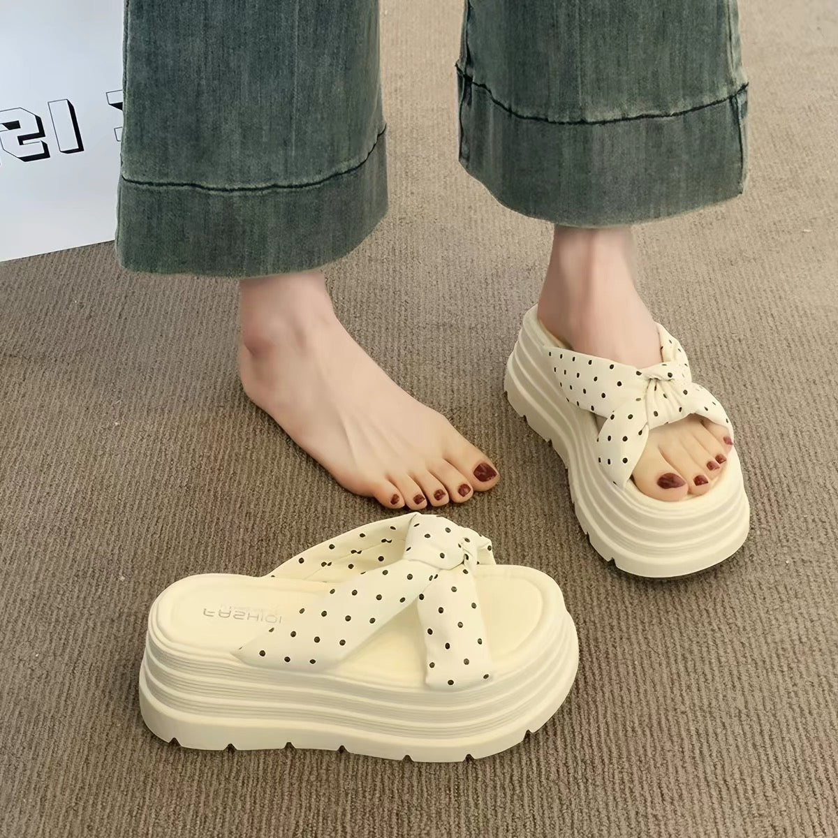 Polka Ribbon Platform Sandals +7cm