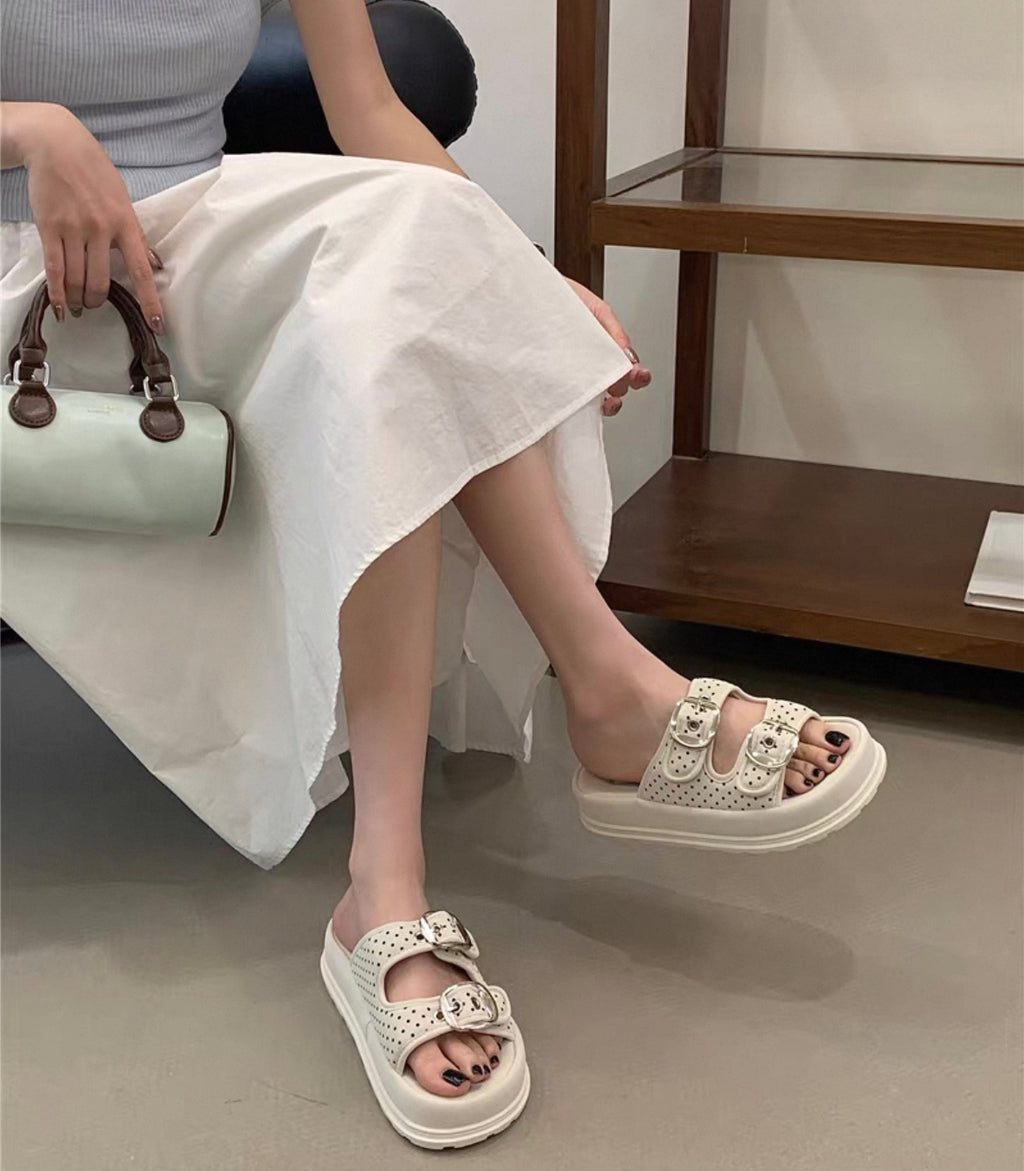 Double Buckle Chunky Slide Sandals