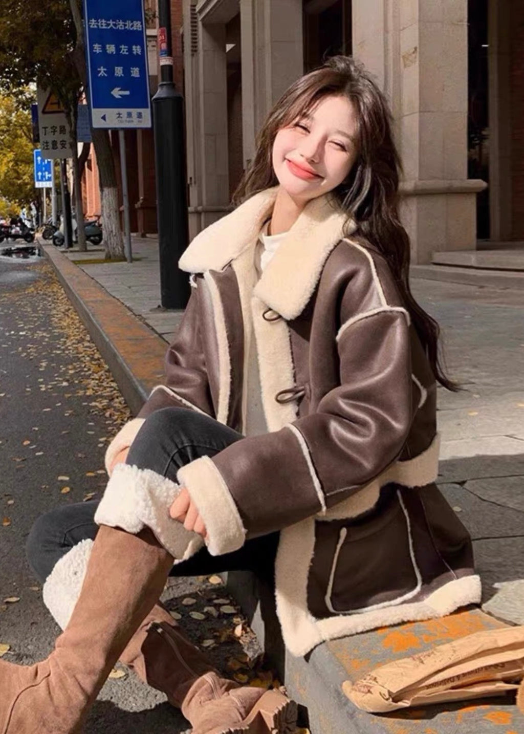 Cocoa Shearling Toggle Coat