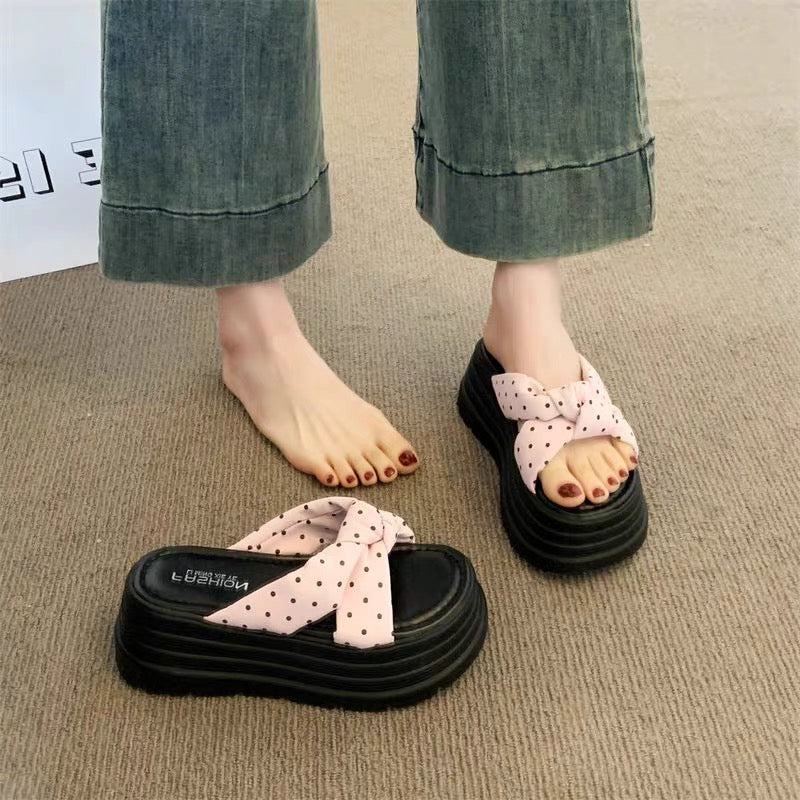 Polka Ribbon Platform Sandals +7cm
