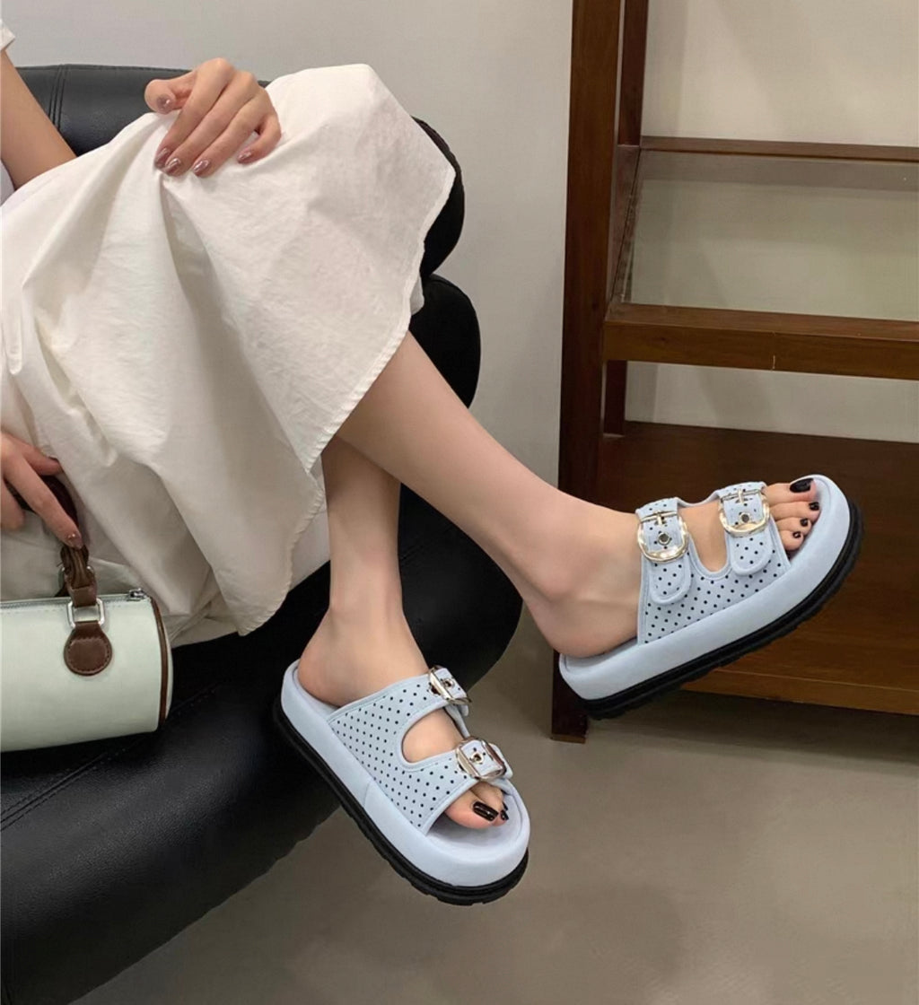 Double Buckle Chunky Slide Sandals