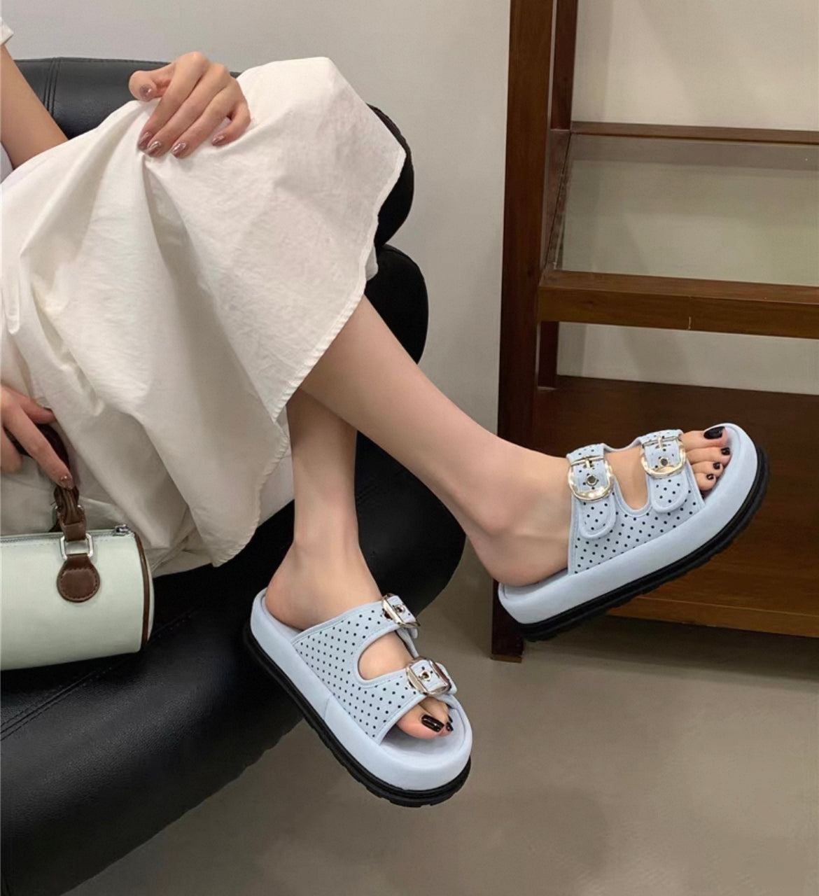 Double Buckle Chunky Slide Sandals