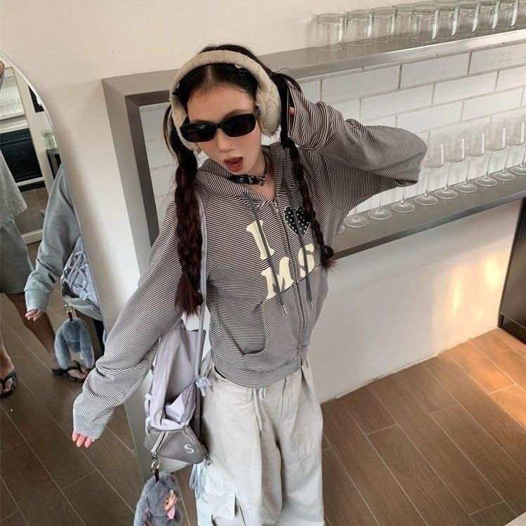 Striped Cropped Zip-Up Hoodie