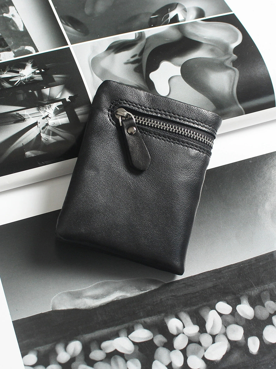 Minimalist Black Leather Zip Wallet