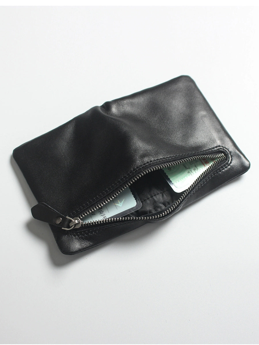 Minimalist Black Leather Zip Wallet