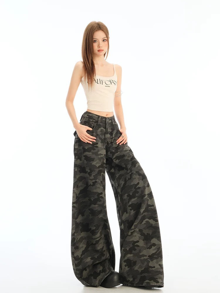 Camo High-Rise Wide Jeans