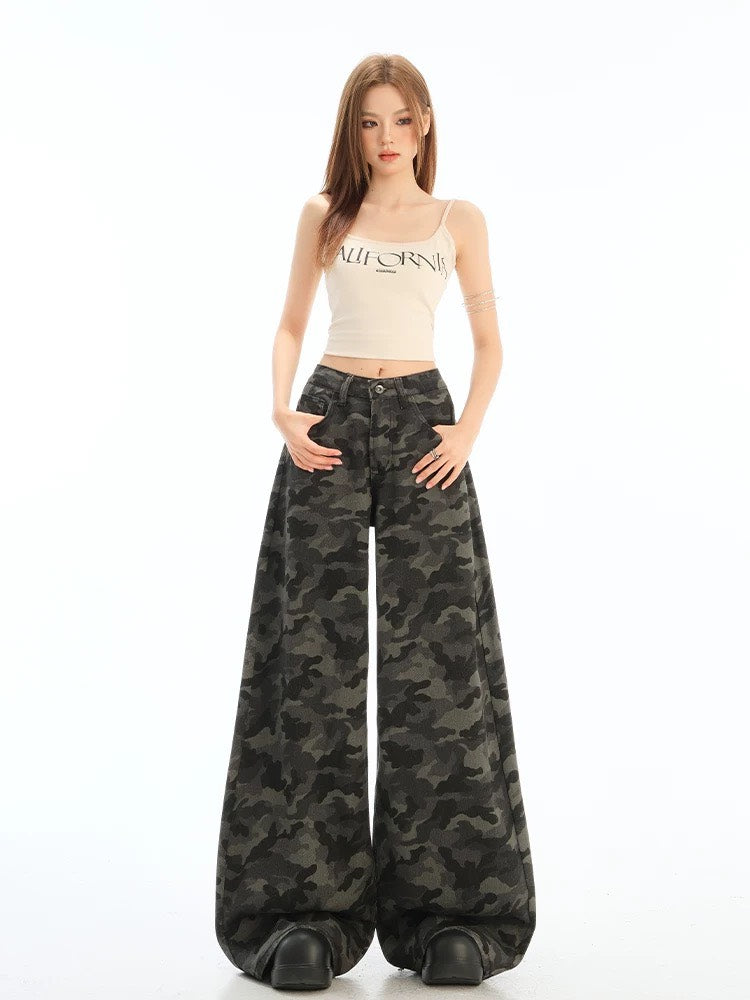 Camo High-Rise Wide Jeans