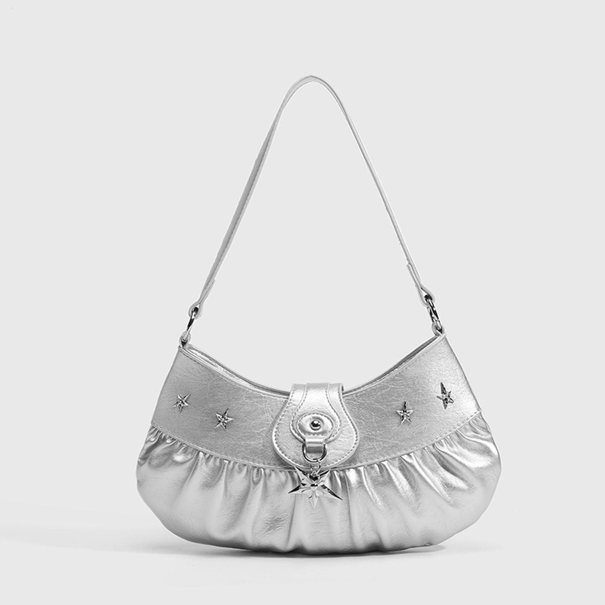 Metallic Silver Star-Studded Hobo Bag