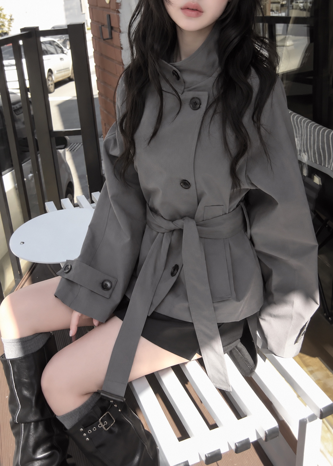 Velmira Belted Stand Collar Jacket