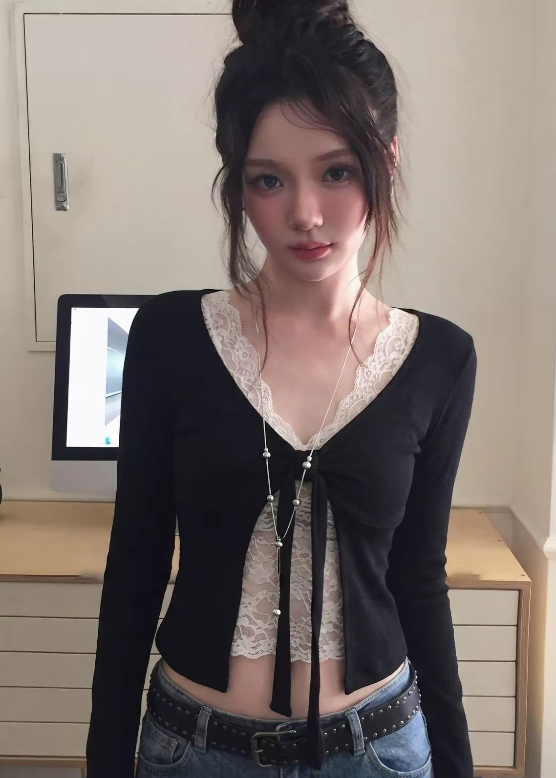 Vellune lace ribbon layered top