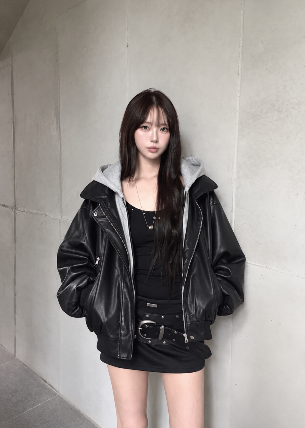 Layered Leather Hood Jacket