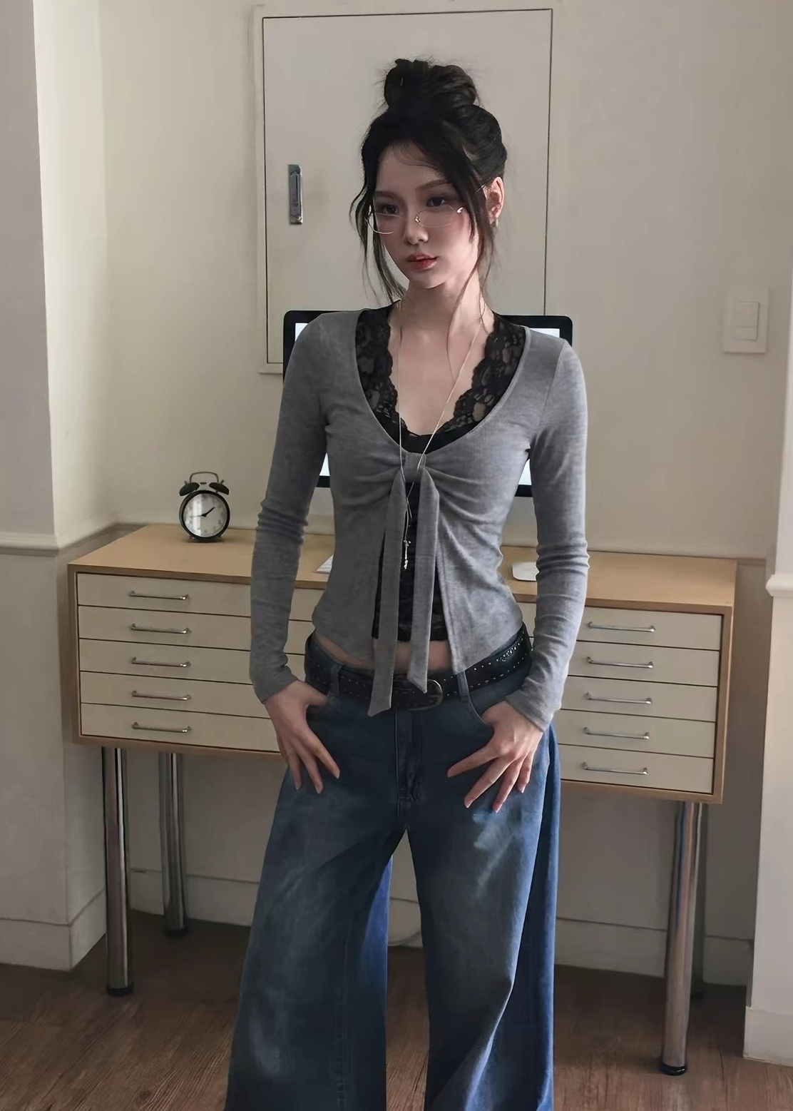 Vellune lace ribbon layered top